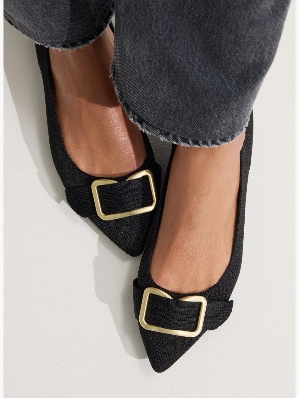 Rothy's Black Pointed Flats with Gold Buckle Accent